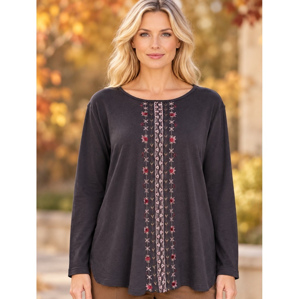 Bechamel Black Cotton Embroidered Floral Long Sleeve Tunic Top Sustainable Large